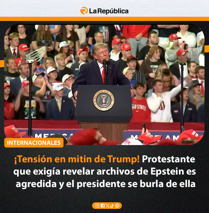 ¡Tensión en mitin de Trump! Protestante  que exigía revelar archivos de Epstein es  agredida y el presidente se burla de ella - Cover Image